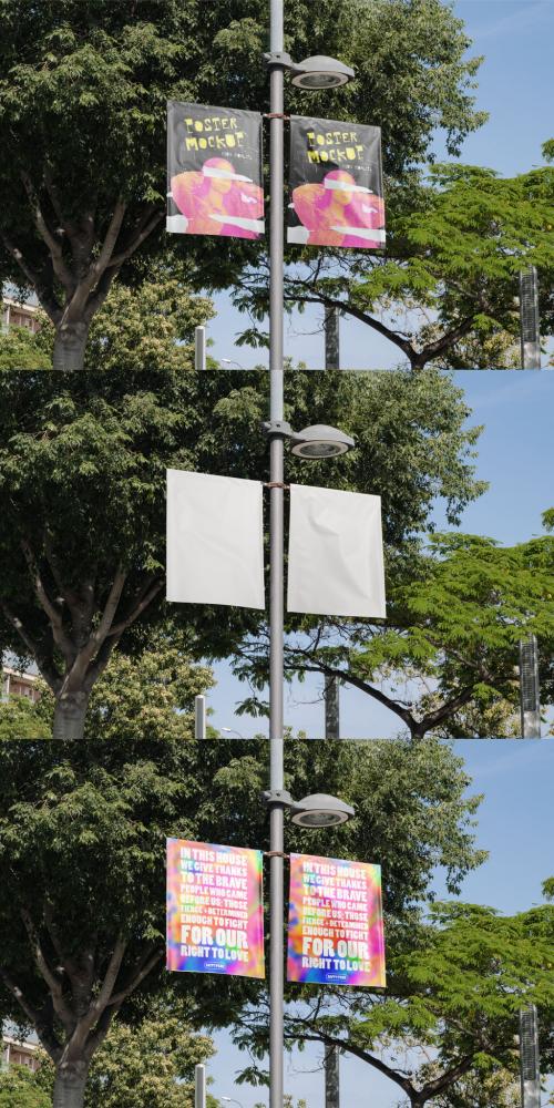 Mockup of customizable lamp post banners 634457285