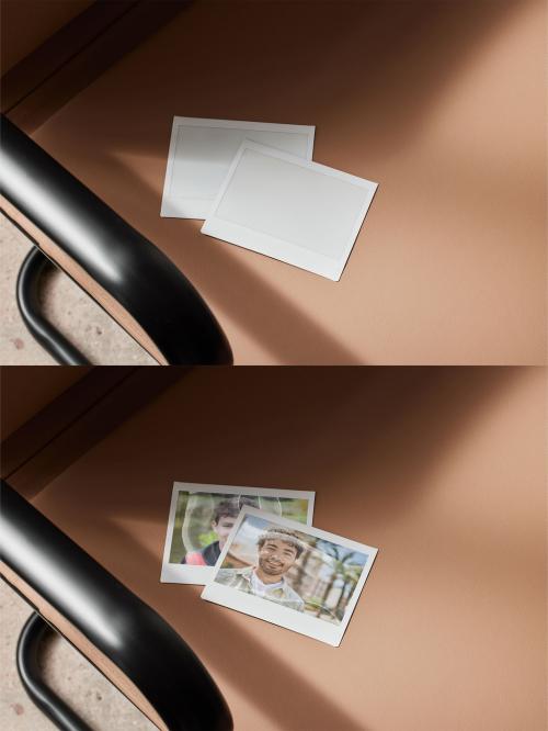 Mockup of two customizable instant camera photo prints on chair, available with different effects 634455909