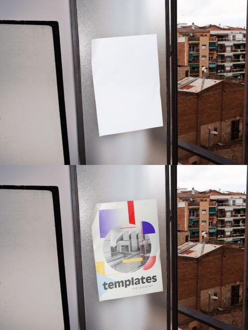 Mockup of customizable vertical A2 poster on open window 634455687
