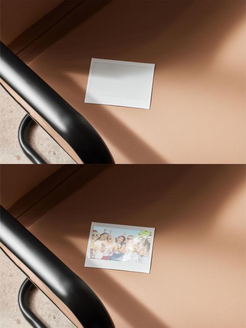 Mockup of customizable instant camera photo print on chair, available with different effects 634455652