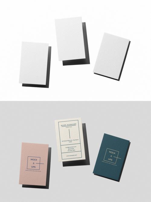 Mockup of three customizable vertical EU business cards with customizable background, 85 x 55mm 634455254