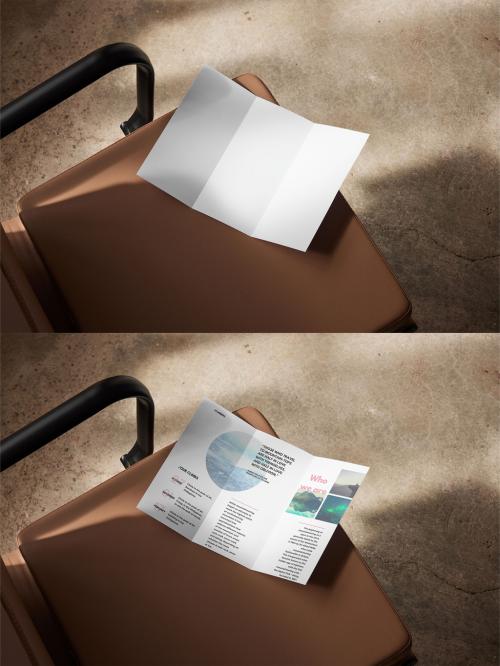 Mockup of customizable A4 tri-fold leaflet opened out on chair 634454886