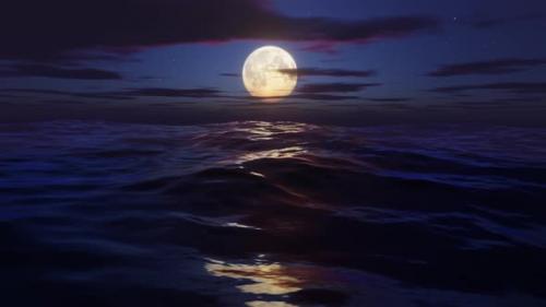 Videohive - Side View of Flying Over the Ocean at Moon Night Stylized Looped Animation 3d Render - 47558968 - 47558968