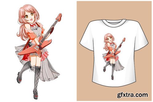 Vector rock-star girl cartoon t-shirt