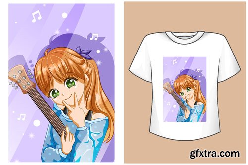 Vector mockup cute guitarist girl