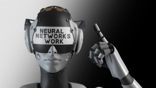 Videohive - the robot makes a gesture indicating the information on the display "neural networks are working". - 47550700 - 47550700