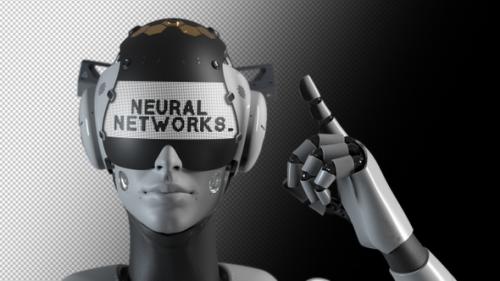 Videohive - the robot makes a gesture indicating the information on the display of the "neural network". - 47550705 - 47550705