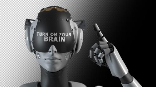 Videohive - the robot makes a gesture indicating the information on the display "turn on the brains" - 47550706 - 47550706