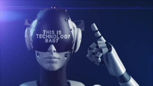 Videohive - the robot makes a gesture indicating the information on the display "this is technology baby". - 47550778 - 47550778