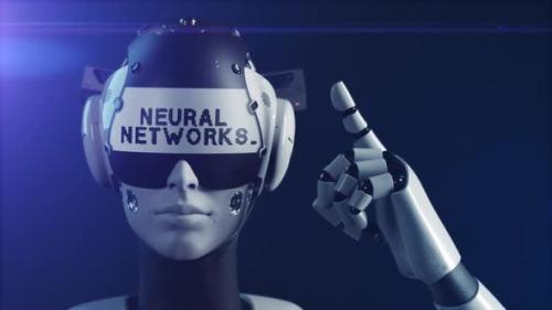 Videohive - the robot makes a gesture indicating the information on the display of the "neural network". - 47550779 - 47550779