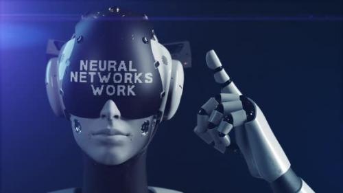 Videohive - the robot makes a gesture indicating the information on the display "neural networks are working". - 47550780 - 47550780