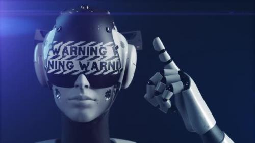Videohive - the robot makes a gesture indicating the information on the "warning" display. - 47550781 - 47550781