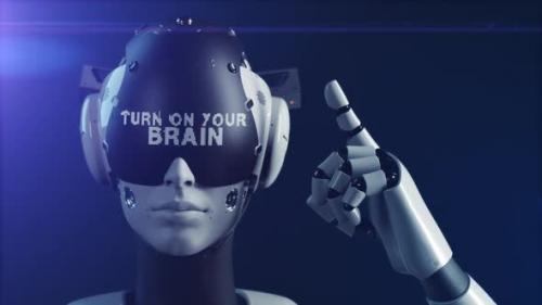 Videohive - the robot makes a gesture indicating the information on the display "turn on the brains" - 47550786 - 47550786