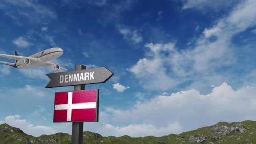 Videohive - Denmark Flag With Airplane And Arrow Sign - 47552017 - 47552017