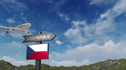 Videohive - Czech Republic Flag With Airplane And Arrow Sign - 47552022 - 47552022