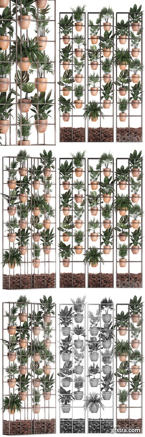 Vertical gardening. thirty. Shelf with flowers, fern, areca palm, monstera, houseplants, vertical garden, clinker, clay flowerpot, phytowall, phytomodule, pots, eco design, sansevieria, ficus lyrata, Raphis palm, rack