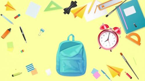 Videohive - Back To School Background School Supplies Go Into The School Bag On Yellow Background - 47576797 - 47576797