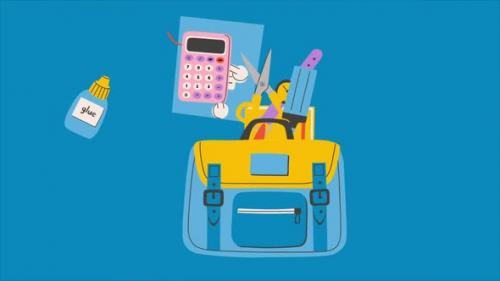 Videohive - Back To School Background School Supplies Go Into The School Bag On Blue Background - 47576800 - 47576800