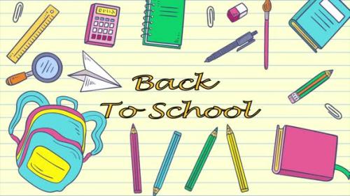 Videohive - Back To School Items Flying Air On Yellow Background 4K - 47576809 - 47576809