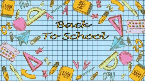 Videohive - Back To School Items Flying Air On Blue Background 4K - 47576810 - 47576810