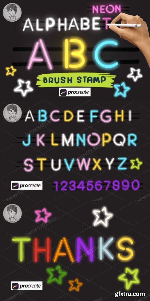 Neon Alphabet Brush Stamps