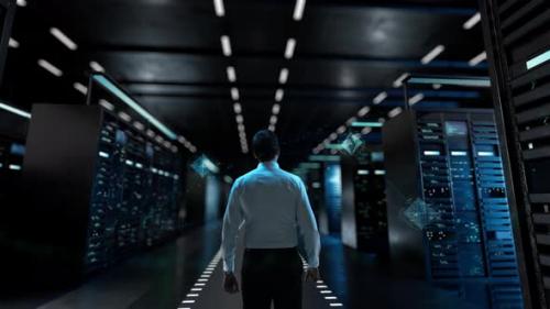 Videohive - Into the Blockchain IT Administrator Activating Modern Data Center Server with Hologram - 47581471 - 47581471