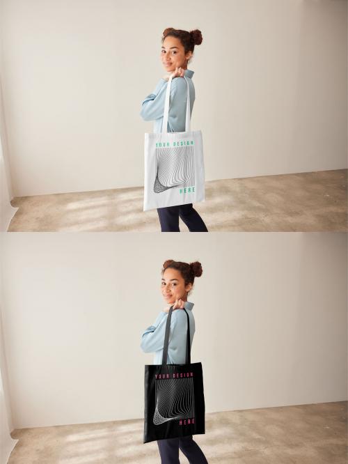 Mockup of woman carrying customizable tote bag over shoulder 637255975