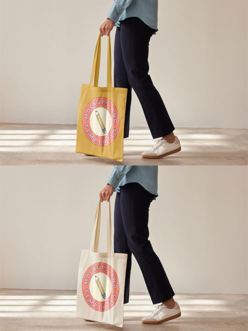 Mockup of woman holding customizable tote bag, low section 637255760