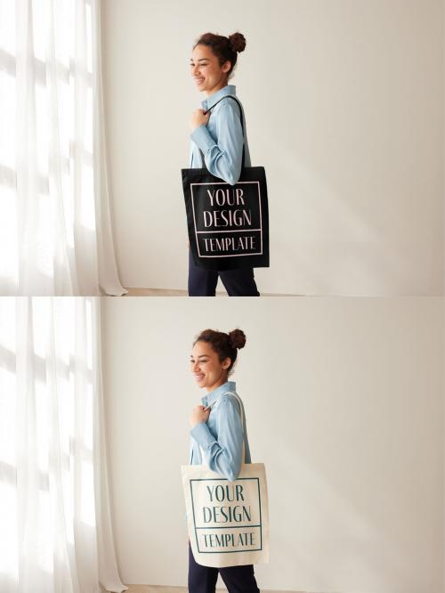 Mockup of woman carrying customizable tote bag, side view 637255395