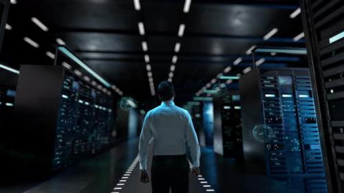Videohive - Lead Generation IT Administrator Activating Modern Data Center Server with Hologram - 47581399 - 47581399