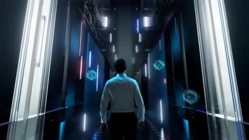 Videohive - Internet of Senses Man in Futuristic Office Interior Moving and Activating Hologram - 47581494 - 47581494