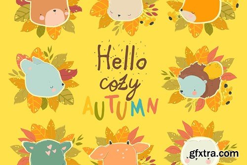 Vector Cartoon Autumn Set with Woodland Animals DLV93TF