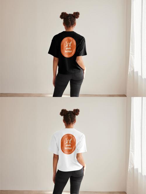 Mockup of woman wearing t-shirt with customizable color, rear view 637254357