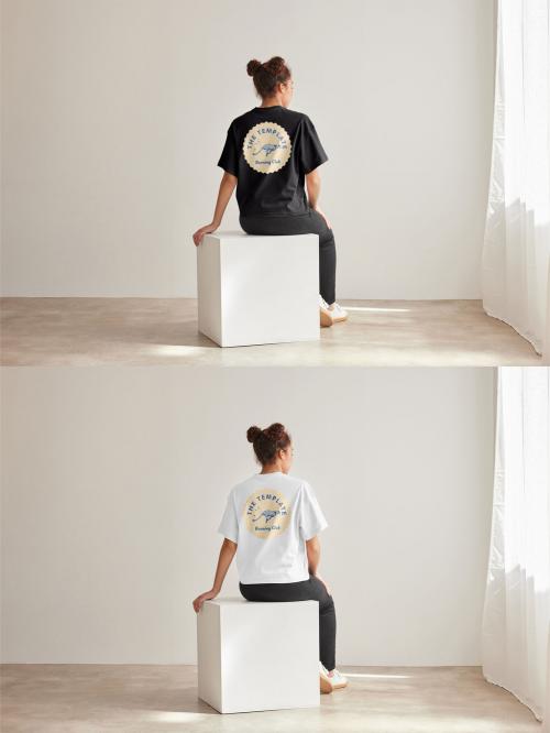 Mockup of woman wearing t-shirt with customizable color sitting on plinth, rear view 637253976