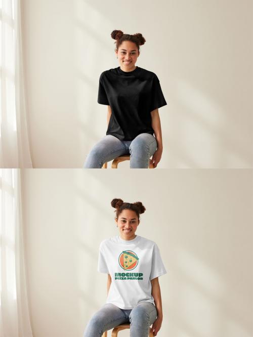 Mockup of woman wearing t-shirt with customizable color sitting on chair 637252991