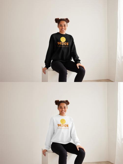 Mockup of woman wearing customizable color sweatshirt sitting on plinth 637252709