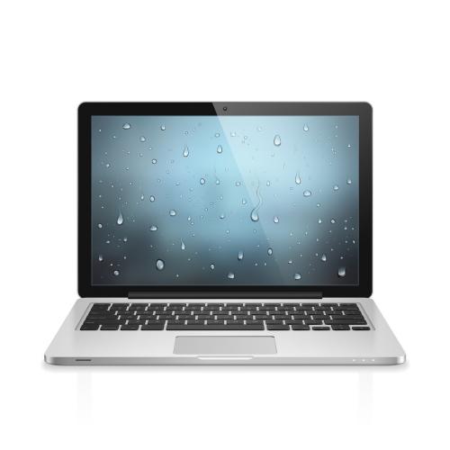 High detailed realistic vector illustration of modern laptop with water drops wallpaper on screen isolated on white background 637587165