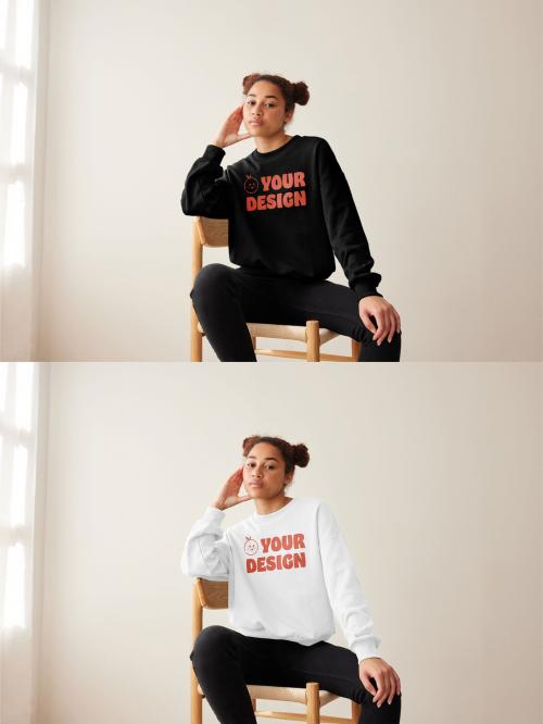 Mockup of woman wearing customizable color sweatshirt sitting on chair 637252055