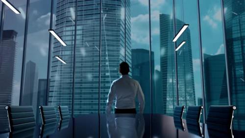 Videohive - Something Big is Coming Businessman Working in Office Among Skyscrapers Hologram Concept - 47612162 - 47612162