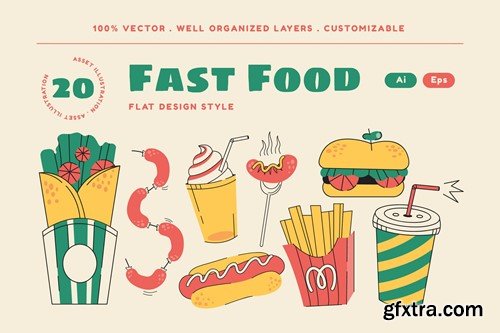 Pink Flat Design Fast Food Illustration Set 73YYRNE