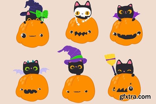 Vector Cartoon Set with Funny Cats wearing Hallowe JWNHTUM