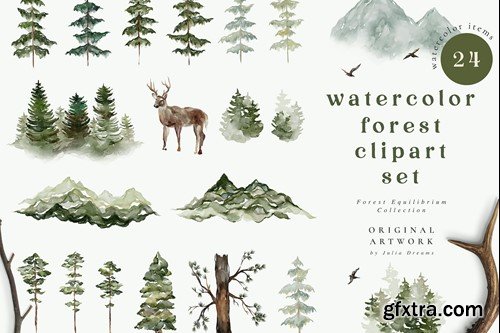 Watercolor Forest Deer Tree Clipart Set 6RGJ3MC