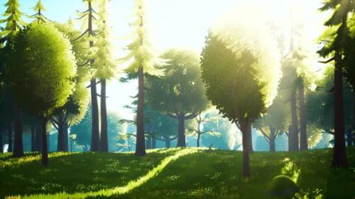 Videohive - Cartoon Green Forest Landscape with Trees and Flowers - 47640924 - 47640924