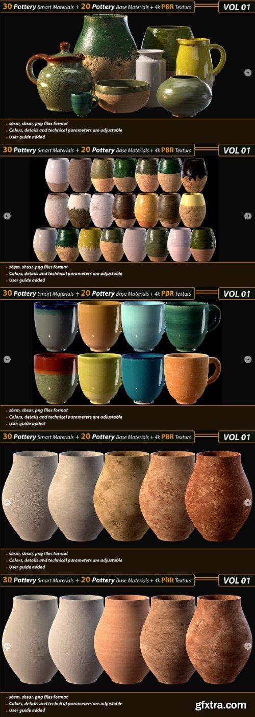 30 Pottery Smart material + 20 Pottery Base Material + 4k PBR Textures _Vol01