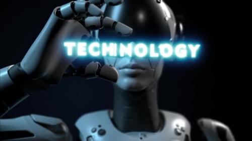 Videohive - the robot holds the inscription "technology" in its hands - 47622082 - 47622082