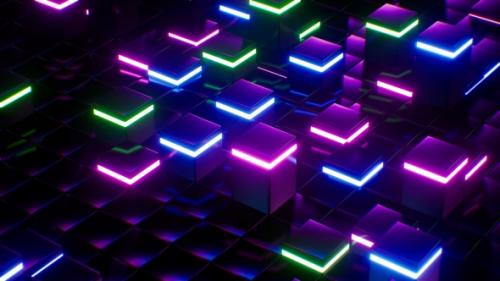 Videohive - Glowing Neon Lights Square Tile Background Vj Loop - 47632373 - 47632373