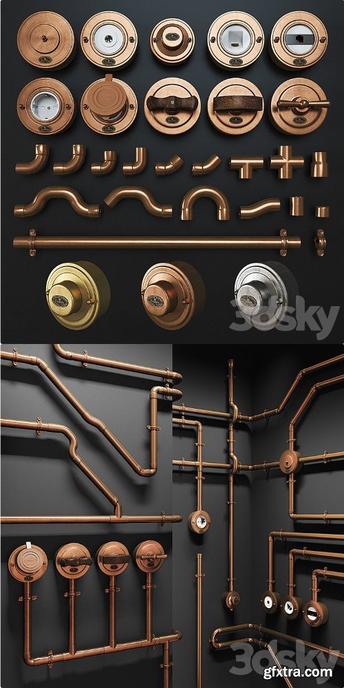 Designer wiring in metal pipes + retro sockets and switches