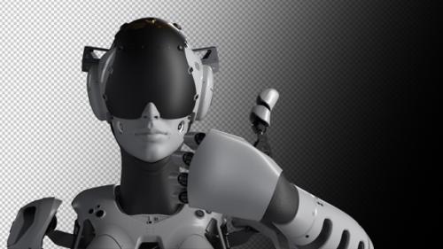 Videohive - the female robot makes a gesture with a raised thumb. there is an alpha channel - 47634777 - 47634777