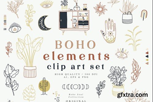 Boho Elements Home Plants Hands Clipart Set VX9BASN