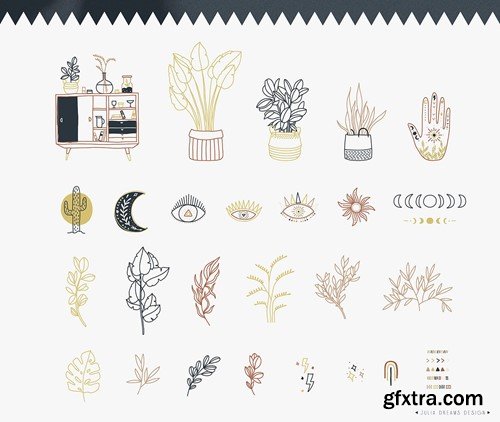 Boho Elements Home Plants Hands Clipart Set VX9BASN